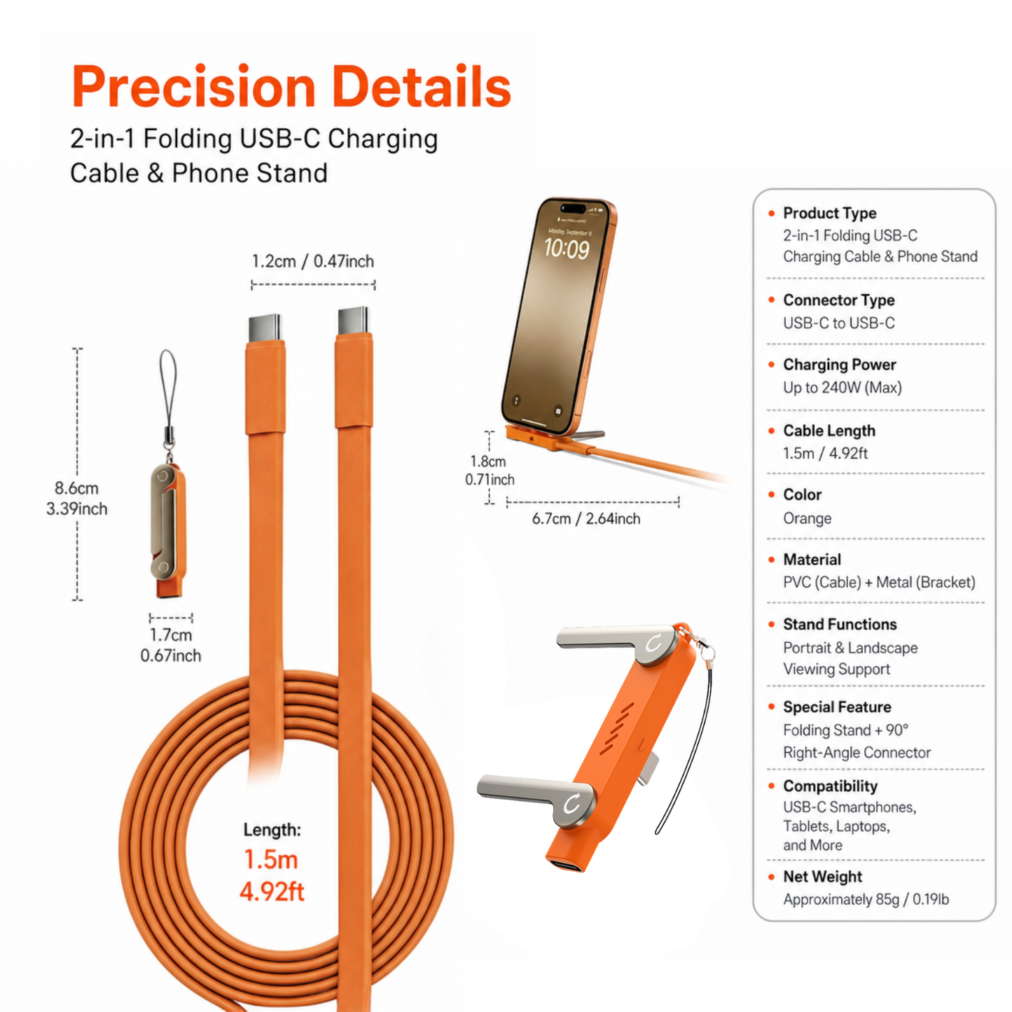 2-in-1 Folding USB-C Charging Cable & Phone Stand