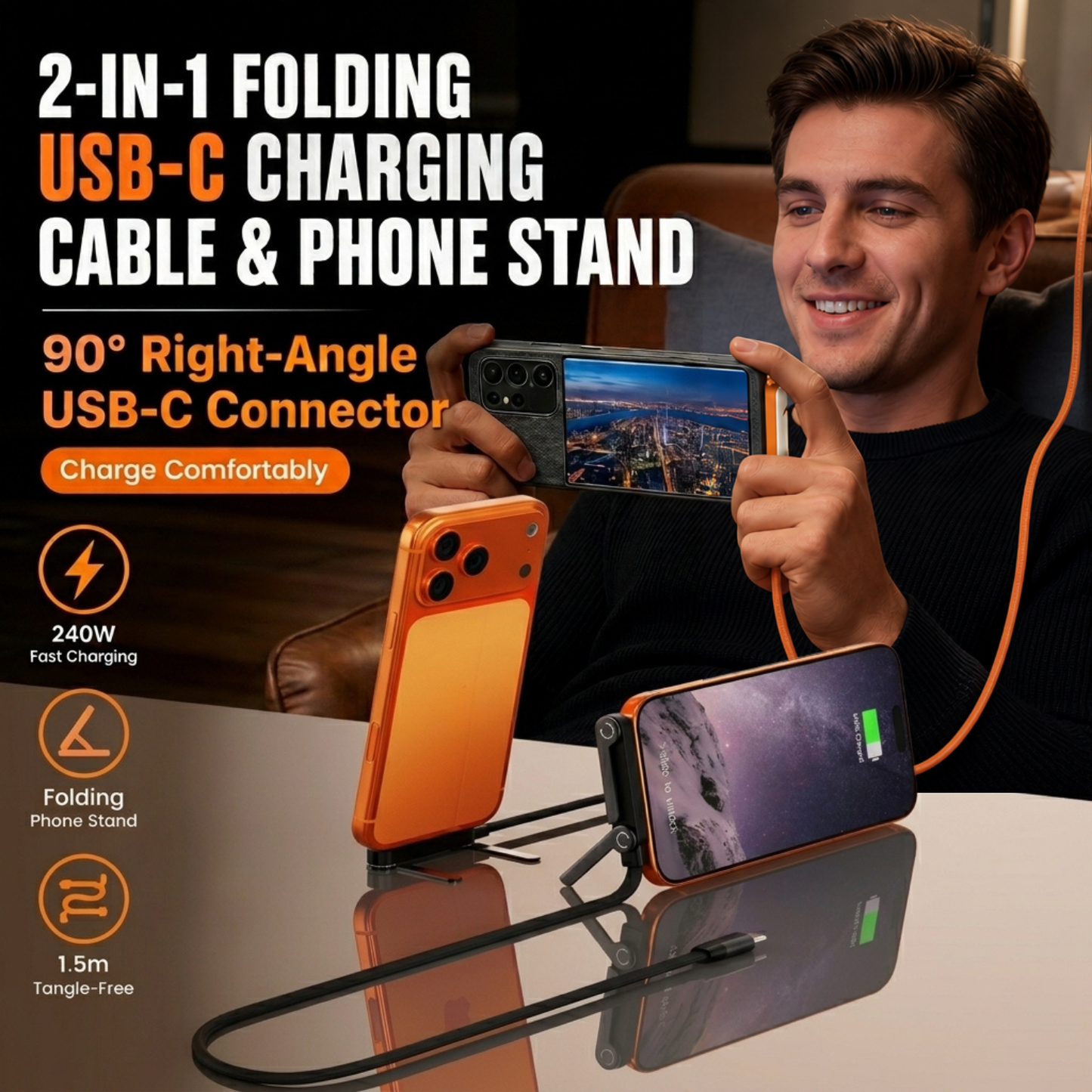 2-in-1 Folding USB-C Charging Cable & Phone Stand