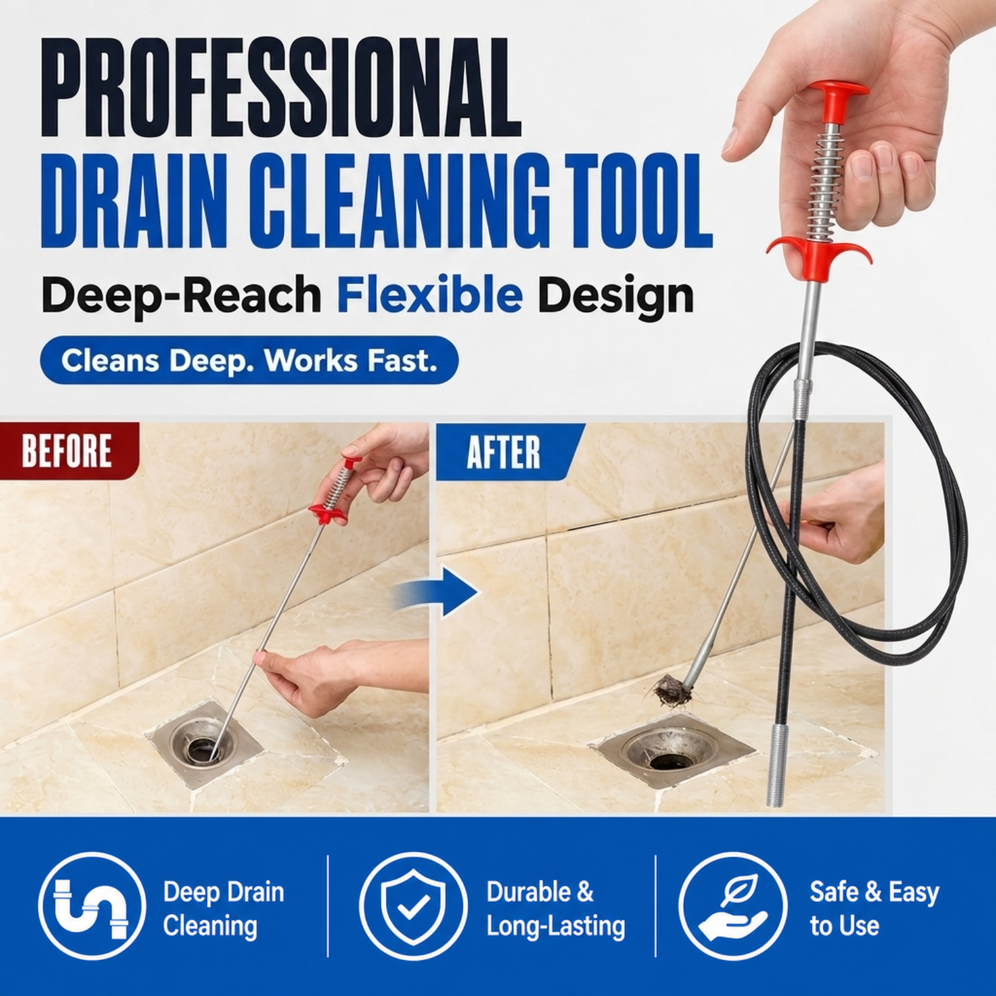 Professional Drain Cleaning Tool for Unclogging Kitchen Sinks, Bathroom Drains, and Blocked Toilets