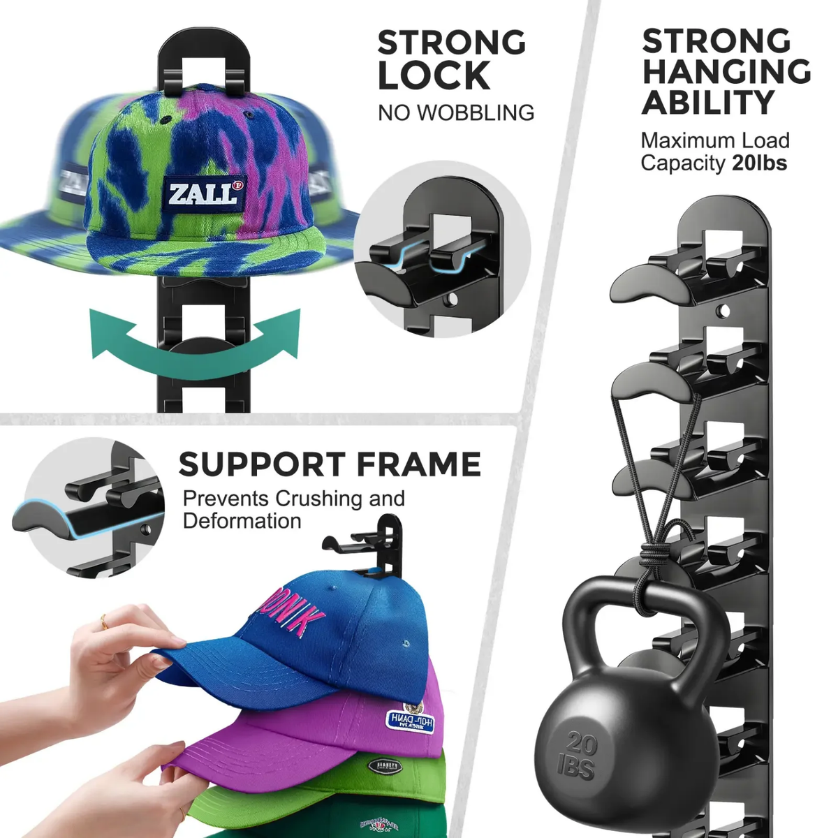 Wall-Mounted Hat Rack for Baseball Caps – Holds 10 Hats