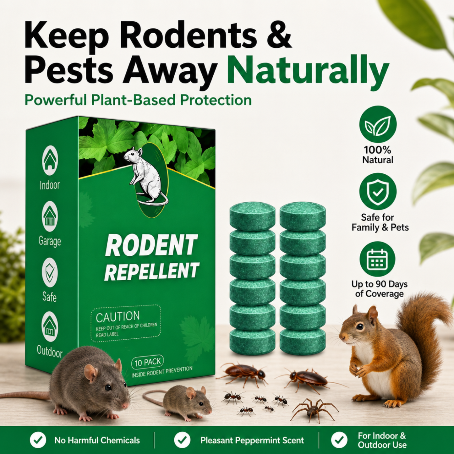 Rodent Repellent − 100% Natural (for Indoor Outdoor Use, Garden & Home, Family & Pet Safe)