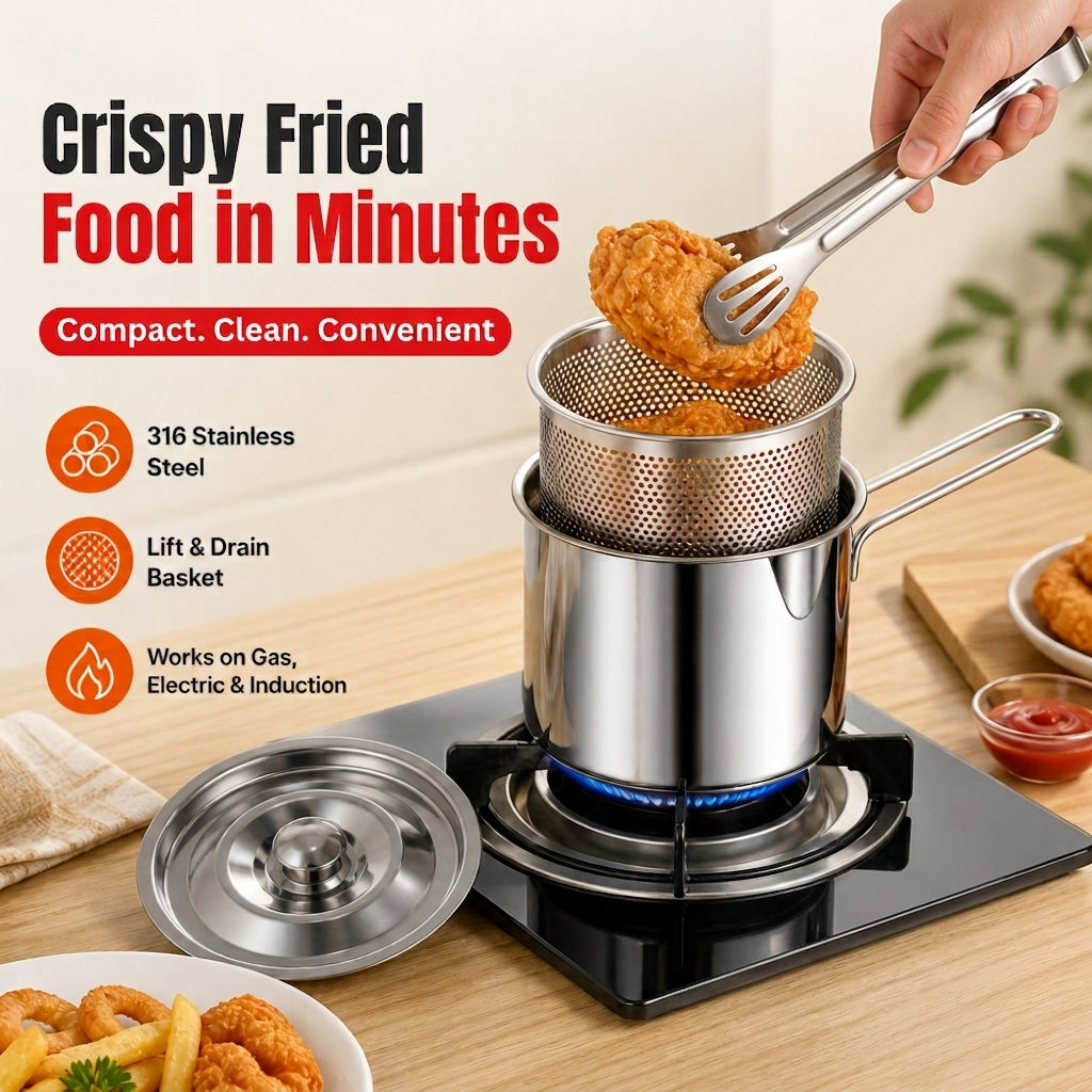 Compact Stainless Steel Deep Fryer Pot Set with Basket & Tongs