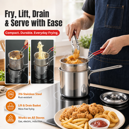 Compact Stainless Steel Deep Fryer Pot Set with Basket & Tongs