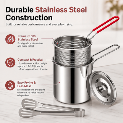 Compact Stainless Steel Deep Fryer Pot Set with Basket & Tongs