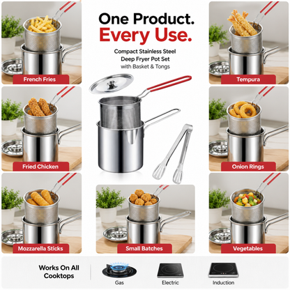 Compact Stainless Steel Deep Fryer Pot Set with Basket & Tongs