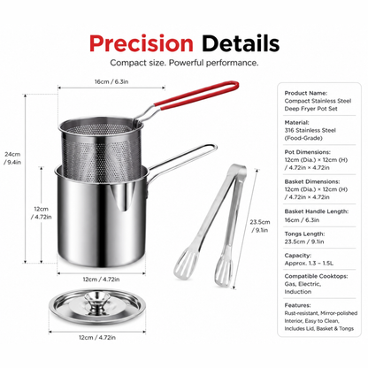 Compact Stainless Steel Deep Fryer Pot Set with Basket & Tongs