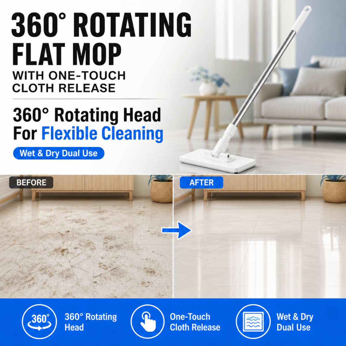 360° Rotating Flat Mop with One-Touch Cloth Release