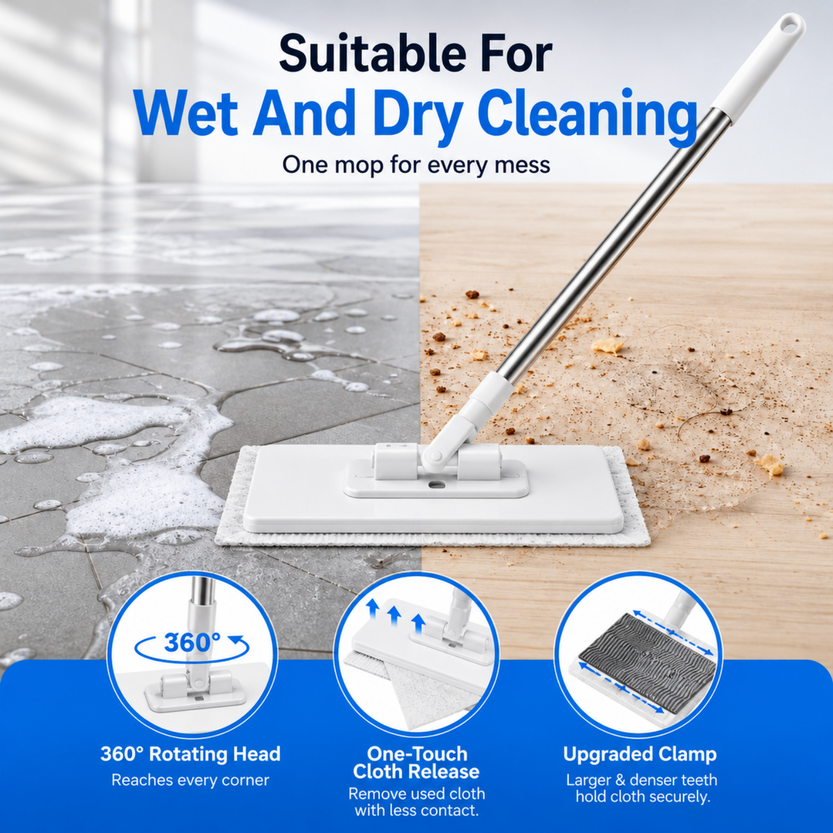 360° Rotating Flat Mop with One-Touch Cloth Release
