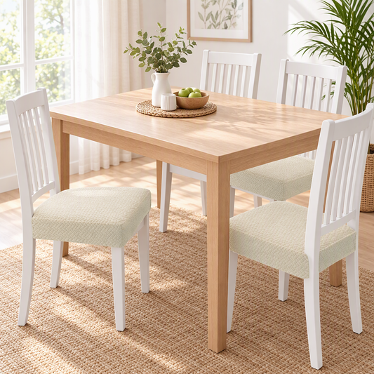 Dining chairs with beige jacquard seat covers