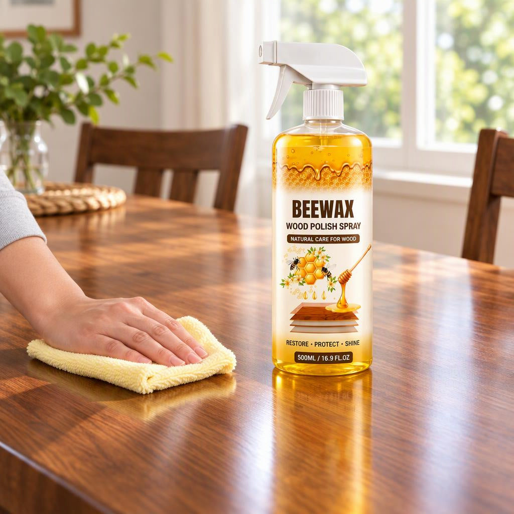 Beewax Wood Polish Spray (Restore Shine Protect Furniture) in use